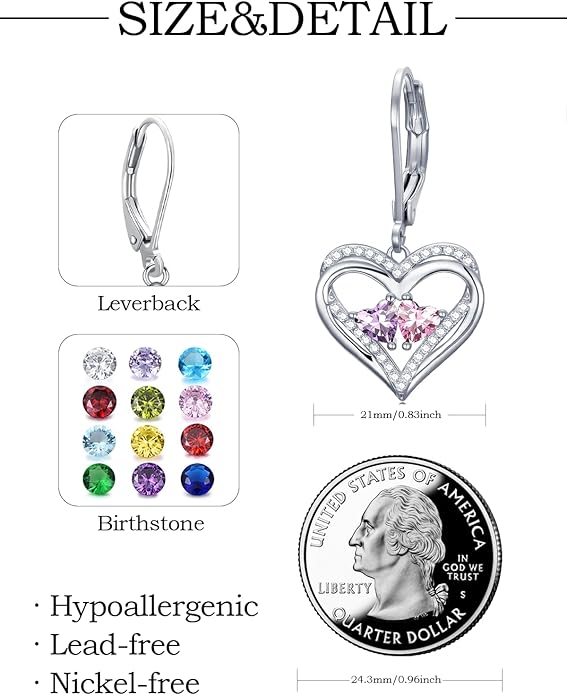 Heart Leverback Earrings Double Birthstone Dangle Earrings for Women, Love Jewelry for Her, Christmas Gifts for Women, Anniversary Birthday Gift for Mom Wife Girlfriend