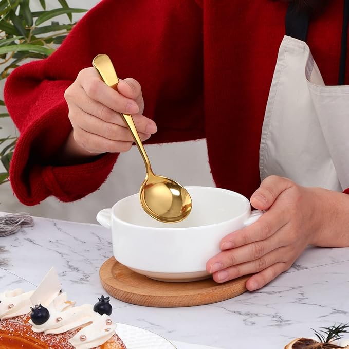 Buyer Star 8 Pieces Stainless Steel Round Soup Spoon, 6.3 Inch Mirror Polished Spoon Cutlery, Dishwasher Safe (Gold)