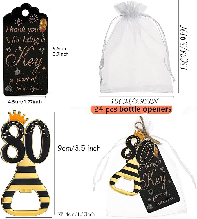 24pcs 80th Gold Keychain Bottle Opener 80th Birthday Party Favors, 80 Keychain Beer Bottle Opener Favors Anniversary Souvenirs Return Gifts for Guests Party Decor Supplies (black 80)