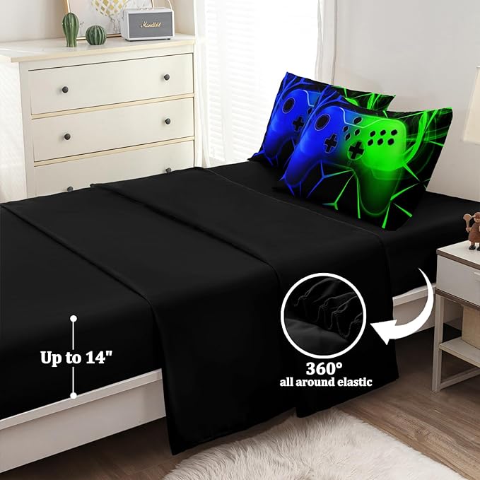 6 Pcs Full Bedding Set for Boys, Green-Blue Full Size Bed in A Bag Gamer Boys Comforter Set for Teens