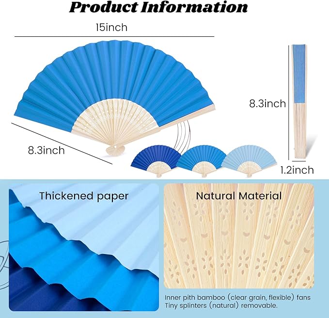 JOHOUSE 12Pcs Blue Paper Folding Hand Fans, 8.3 Inch Handheld Portable Decorative Fans for Wedding, Outdoor Party Favors, Baby Shower Decorations DIY Crafts Photography Prop