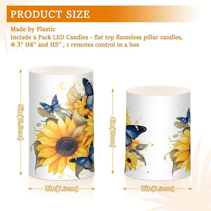 ALAZA Blue Butterflies Sunflowers Flickering Flameless Candles Battery Operated with Remote Timer,Tea Light Candles LED Pillar Votive Candles Set of 2 for Outdoor Indoor Decorations