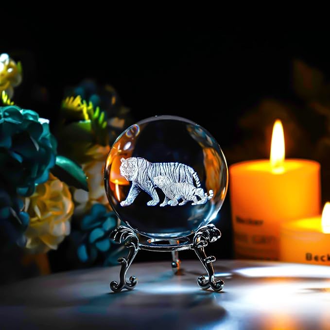 ZEERSHEE 60mm 3D Tigers Crystal Ball with Stand Glass Tiger Decorative Ball Paperweights Decor for Home Office