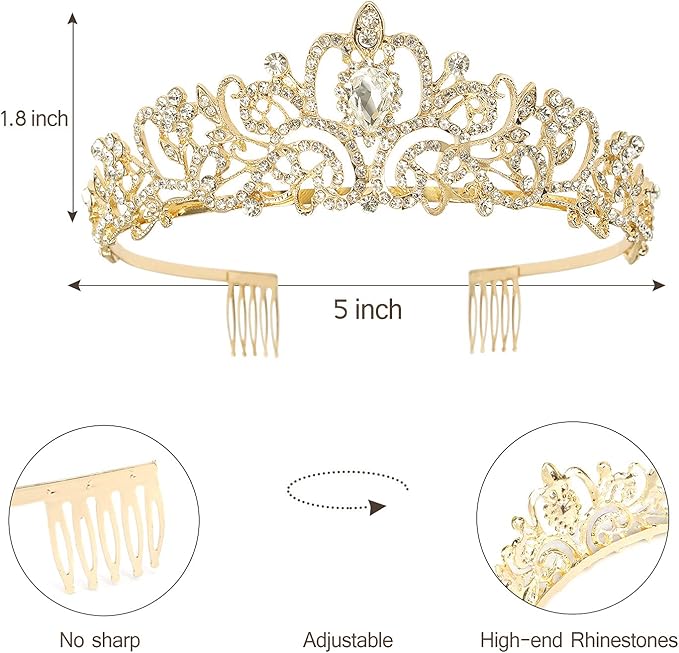 Velscrun Birthday Queen Tiaras Crown for Women, Girls Princess Crowns for Women, Queen Tiara for Mom, Golden Yellow Rhinestones Birth Crown Headband Birth Sash, 50th Birthday Prom Party Decorations