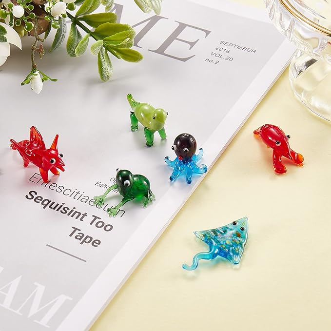 6Pcs Hand Blown Glass Animal Figurines Sea Mini Glass Animal Figurines for Home Desk Garden Collectibles Ornament Art Miniature Decor