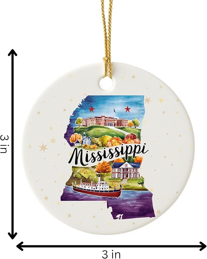USA State Landmark Ceramic Ornament – Round Glossy Christmas Decoration Featuring U.S. State Art, Landmarks & Holiday Scenery – Collectible Travel Souvenir Ornament Series (Mississippi)