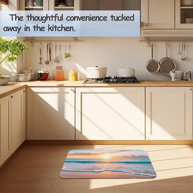 Sunset Beach Bathroom Mat, Non-Slip Rubber Backing Thin Low-Profile Bath Rug, Easy-Clean Bathroom Floor Mat for Shower, Bathtub, Kitchen, or Entryway