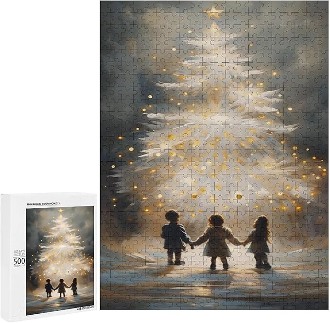 Funny Wooden Puzzle - Glowing Christmas Trees and Wishing Girls Puzzle for Adult 500 Piece，Wooden Jigsaw Puzzles Art Leisure Game Fun Suitable Family Friends Educational Learning Games Gift