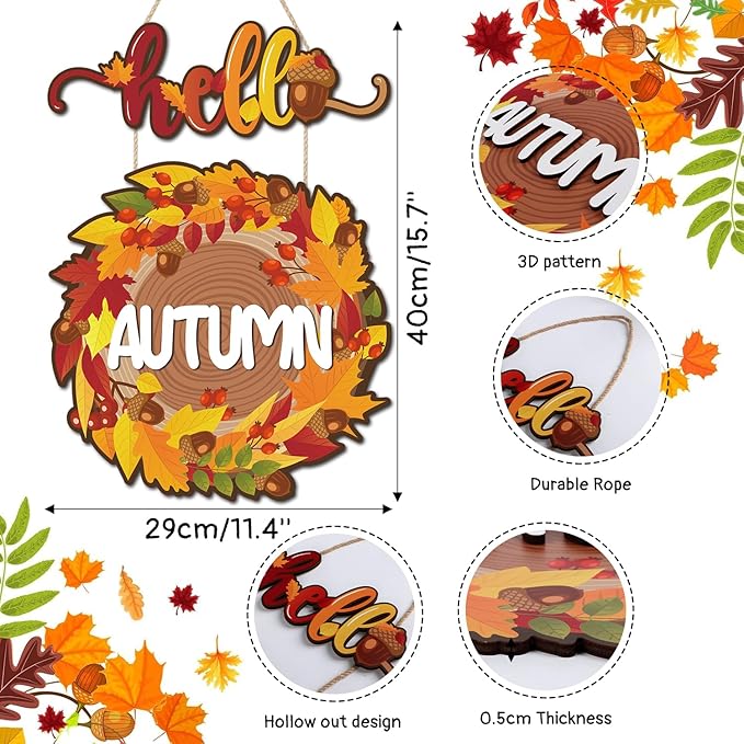 CHDITB Hello Autumn Wooden Sign, Fall Themed Wooden Hanging Plaque, Hello Fall Front Door Hanger, Maple Leaves Wall Art Sign Farmhouse Thanksgiving Living Room Bedroom Office Wall Decor