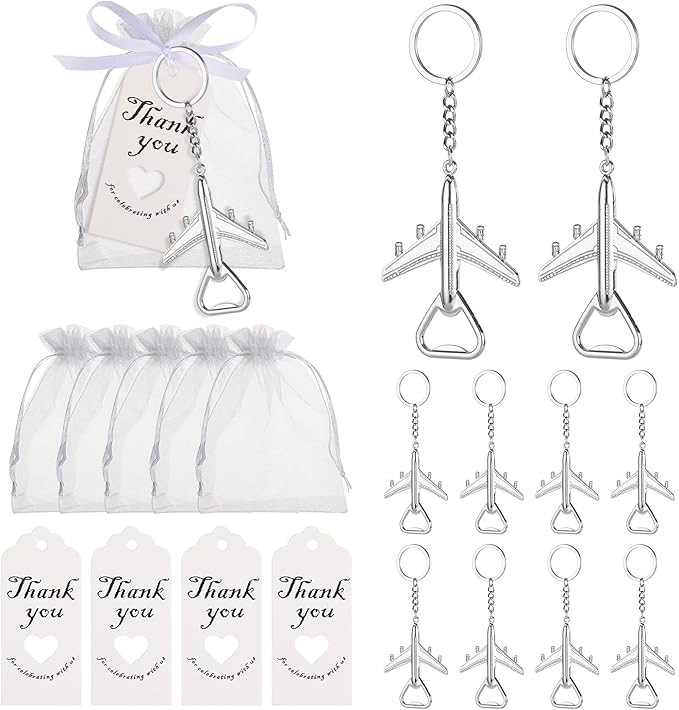 50PCS Airplane Bottle Opener Keychains for Wedding or Bridal Shower Favors, Gifts, Souvenirs to Guests (Silver)