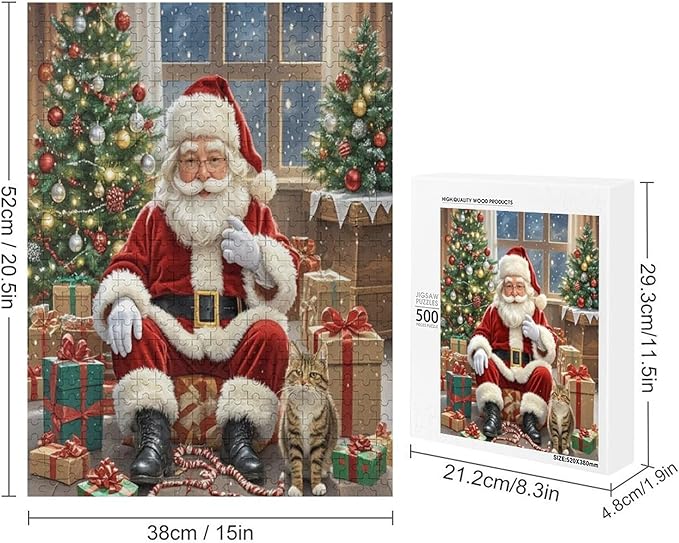 Puzzles for Adults 500 Pieces Wooden Jigsaw Puzzle - Santa Claus and Kitten Christmas Series Theme Puzzle，Party Games，Family Toys，Educational Puzzles，Stress Relief Wooden Puzzle，Home Decoration