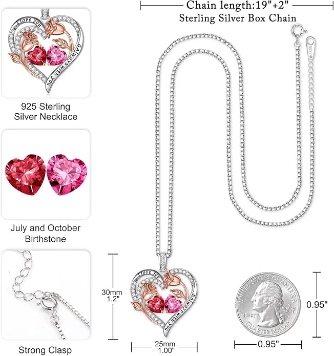 Iefil Valentines Day Gifts for Her - 925 Sterling Silver Rose Heart Birthstone Necklace Birthday Anniversary Jewelry Gifts for Her Wife Mom Daughter