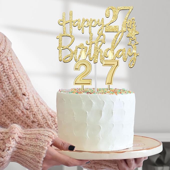 27th Birthday Decorations for Women Gold Set with 27th Birthday Tiara and Sash, Cake Topper and Candles, Number Balloons, 27 Year Old Gifts for Women