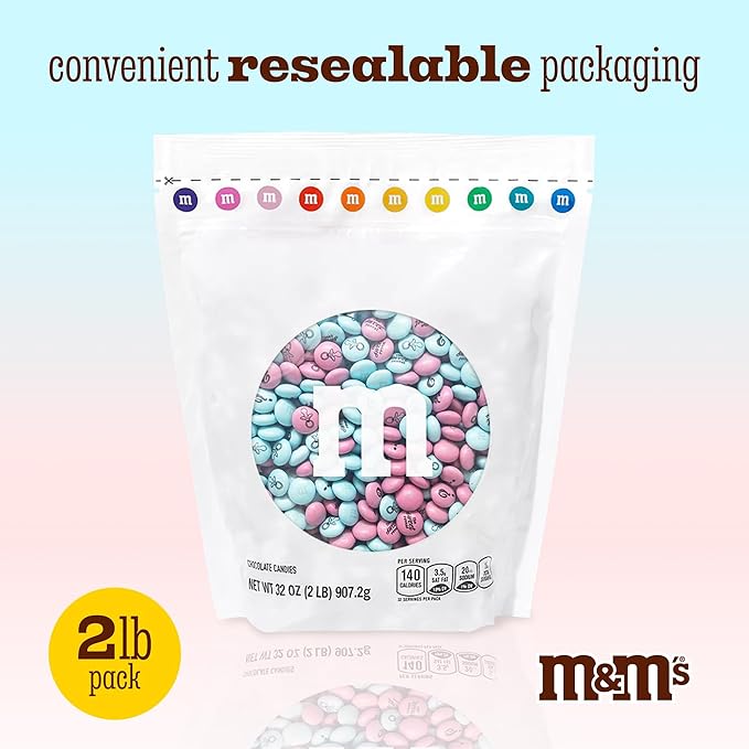 M&M'S World Gender Reveal Milk Chocolate Candy 2lb Bag with Light Blue and Pink M&M'S for Baby Showers Gender Reveal Parties and New Baby Favors