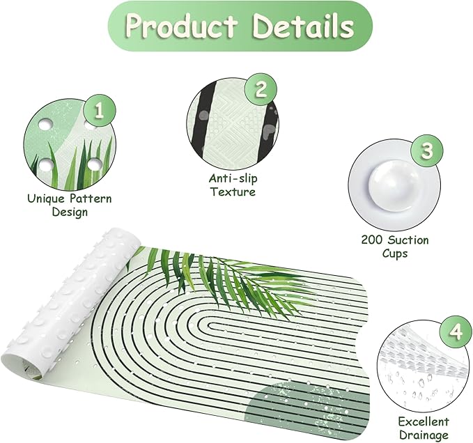 Bathtub Mat Non Slip, Bohemia Extra Long Bath tub Mat Shower Floor Mat with Suction Cups and Drain Holes for Adults Kids Elderly 40 X 16 Inch
