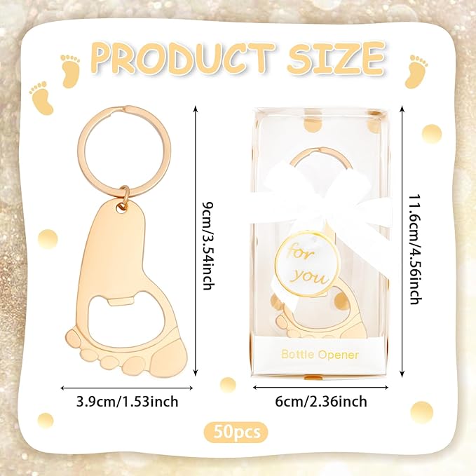 50Pcs Baby Footprint Keychain Small Foot Bottle Opener Key chain Baby Shower Footprint Keychains Foot Bottle Opener Souvenir for Guests Baby Shower Return Gifts for Party Favors with White Boxes