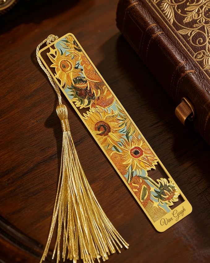 8 Pieces Metal Bookmarks with Tassel, Golden Hollow Bookmark Van Gogh Monet Oil Painting Theme Book Mark for Book Lovers Writers Readers Children Teens Men Women Adults