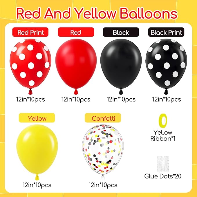 60pcs Red and Yellow Balloons 12inch with Red Print Confetti Black and Yellow Balloons for Baby Shower 1st 2nd 3rd Birthday Party Decorations