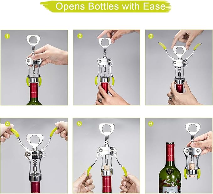 Beneno Wine Opener, Zinc Alloy Premium Wing Corkscrew with Multifunctional Bottles Opener, Sharp Wine Corkscrew with Ergonomic Non-Slip Wing Handle, Green
