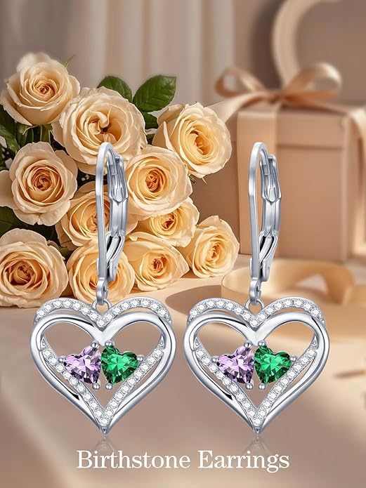 Heart Leverback Earrings Double Birthstone Dangle Earrings for Women, Love Jewelry for Her, Christmas Gifts for Women, Anniversary Birthday Gift for Mom Wife Girlfriend