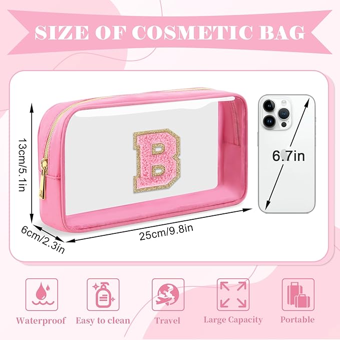 Personalized Initial Letter Clear Makeup Bag,Preppy Small Nylon&PVC Cosmetic Zipper Bag with Chenille Letter,Portable Beach Travel Skincare Toiletry Bag,Trendy Monogram Gift for Teen Girls Women,B