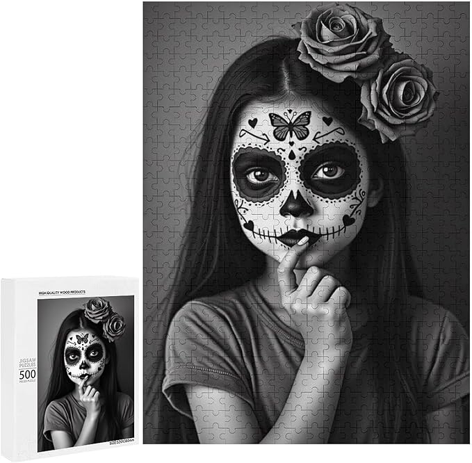 Funny Wooden Puzzle - Gorgeous Sugar Skull Lady Day of The Dead Puzzle for Adult 500 Piece，Wooden Jigsaw Puzzles Art Leisure Game Fun Suitable Family Friends Educational Learning Games Gift