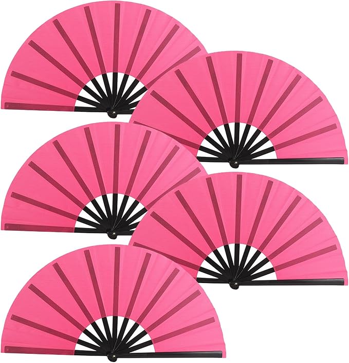 Huralona 5 Pack Large Folding Hand Clap Fan Fabric Rave Popping Fans Chinese Kung Fu Tai Chi Hand Fan Festival Dance Gift Performance Decorations (Rose Red)