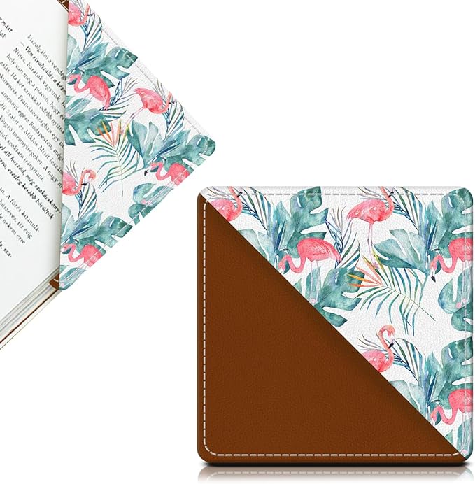 Cute Leather Bookmarks, Fun Triangle Making Corner Bookmark, Book Accessories for Reading Book Lovers, Unbreakable Page Markers for Women Men Tropical Flamingo Palm Trees