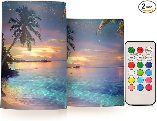 ALAZA Blue Green Sea Water Palm Trees Tropical Flowers Flickering Flameless Candles Battery Operated with Remote Timer,Tea Light Candles LED Pillar Votive Candles Set of 2 for Outdoor Indoor