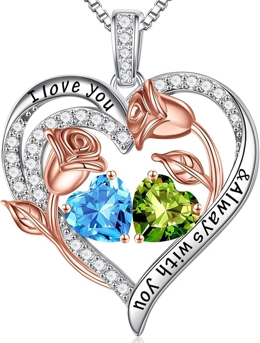 Iefil Valentines Day Gifts for Her - 925 Sterling Silver Rose Heart Birthstone Necklace Birthday Anniversary Jewelry Gifts for Her Wife Mom Daughter
