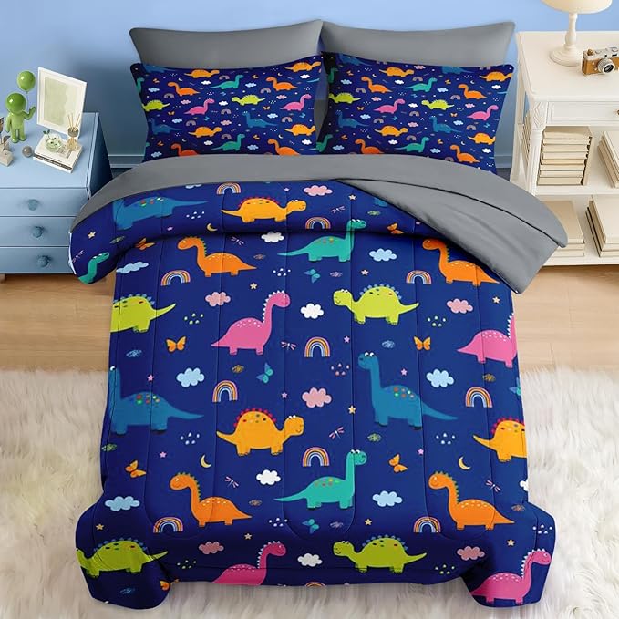 Comforter Set Twin Size, Cute Dragon Grey 5 Pcs Bedding for Kids and Adults, Colorful Wildlife Funny Bed Sheet Sets with Fitted Sheet Pillowcase & Sham for Bedroom Bed Decor