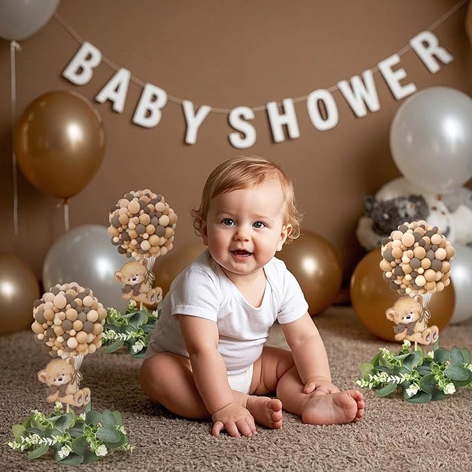 12 Set Baby Shower Bear Table Centerpieces Decortion Brown Bear with Eucalyptus Wreath Wood Slices Welcome Baby Table Topper for Gender Reveal Boy Or Girl Party Favor