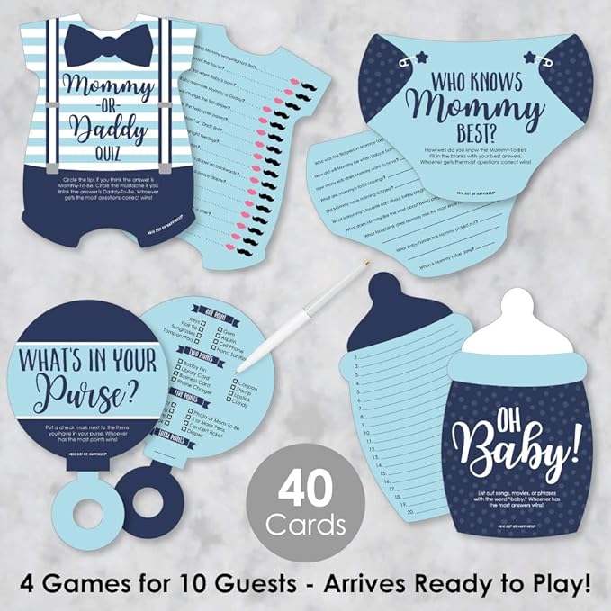 Big Dot of Happiness Baby Boy - 4 Blue Baby Shower Games - 10 Cards Each - Who Knows Mommy Best, Mommy or Daddy Quiz, What’s in Your Purse and Oh Baby - Gamerific Bundle