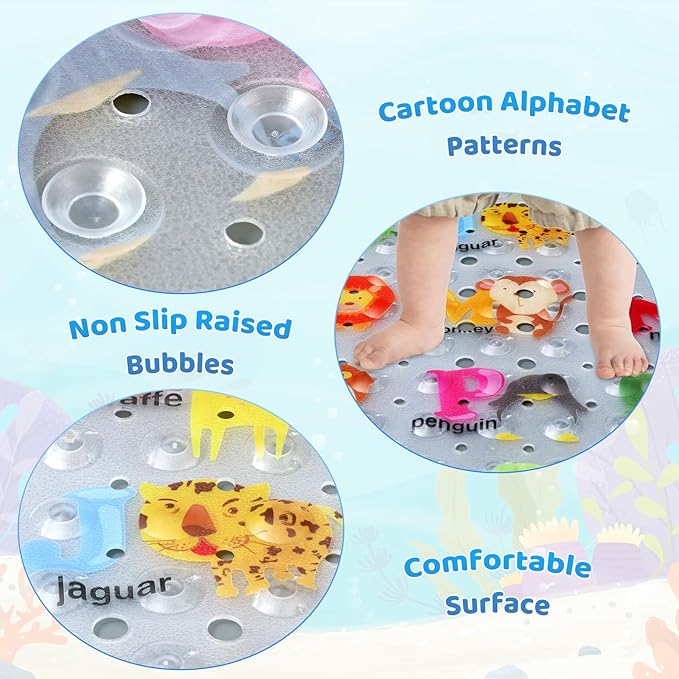 Bath Mat for Tub Non Slip, Machine Washable Anti Slip Cartoon Baby Bathtub Shower Mat with Drain Holes and Suction Cups for Toddler & Kids, 40 Inch x 16 Inch-Rectangular, 26 Alphabet
