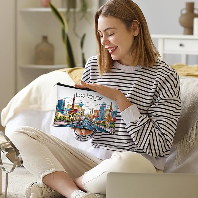 Reginary 6 Pcs City Cosmetic Bag Souvenir Gifts New York Zipper Pouch Chicago Souvenir Seattle Boston Nashville London Paris Italy Alaska Gifts Memento for Women Traveler(Las Vegas)