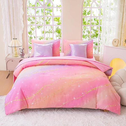 Rainbow Bedding Set Twin Size – 7 Piece Reversible Girls Comforter with Deep-Pocket Sheet, Gradient Galaxy Design, Whole-Piece Filling, Machine Washable Bed-in-a-Bag for Kids Room Makeover & Gifts