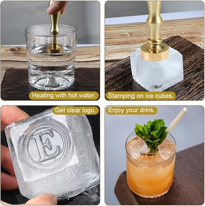 Ice Cube Stamp for Cocktails Ice Stamp Brass Head with Handle, Ice Branding Stamp for Ice Cubes Cocktail Whiskey Drinks Party Wedding Making DIY Crafting (Letter E)