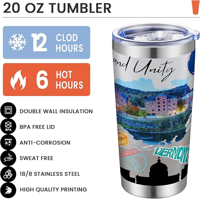 20oz Insulated Tumbler Vermont State Coffee Mug, United States Map Travel Mug Landmark, Birthday Gifts Cute Custom Tumbler Cups with Lid and Straw Gifts for Mom