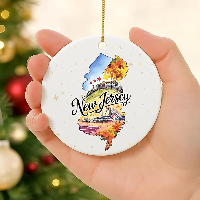 USA State Landmark Ceramic Ornament – Round Glossy Christmas Decoration Featuring U.S. State Art, Landmarks & Holiday Scenery – Collectible Travel Souvenir Ornament Series (New Jersey)