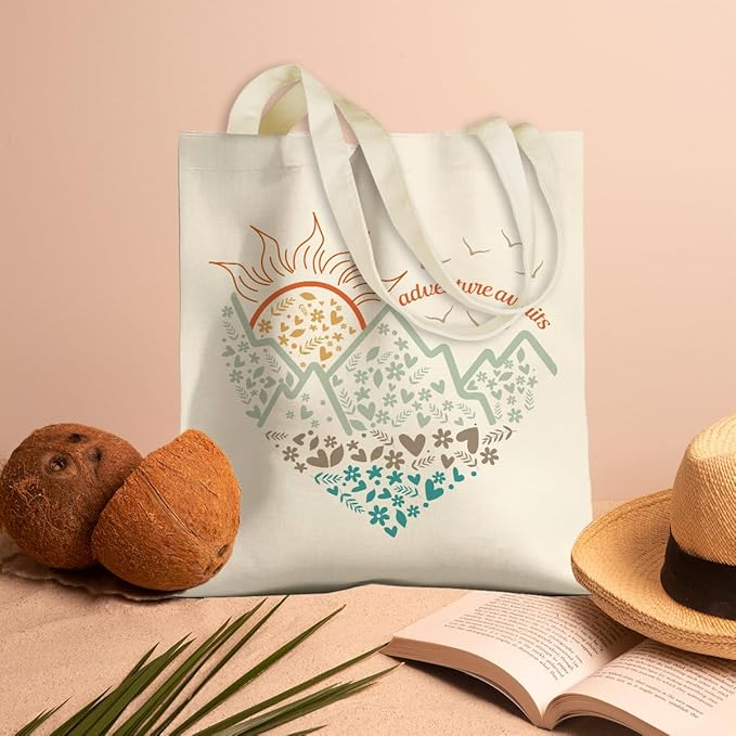 jeilink Cute Mountain Adventure Sunshine Canvas Tote Bag Camping Gifts Weekender Grocery Bags for Women Girls