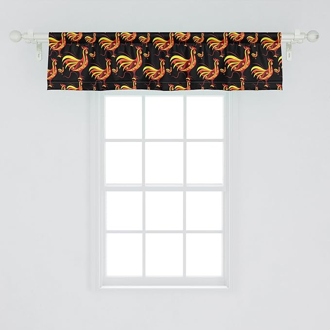 Ambesonne Farm Window Valance, Warm Colored Curled Ornamental Abstract Plumy Roosters Fowls, Curtain Valance for Kitchen Bedroom Decor with Rod Pocket, 42" x 12", Charcoal Grey Multicolor