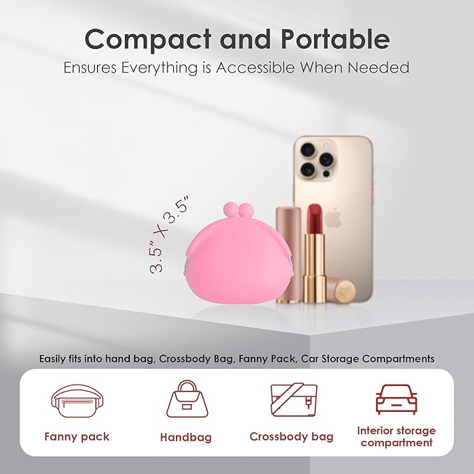Coin Purse for Women – Silicone Small Coin Pouch with Kiss Lock for Coins, Keys, Lipstick, and Earphones – Mini Cute Change Purse, Coin Purse & Pouch for Daily Life, Cars, Travel, Party (Pink)