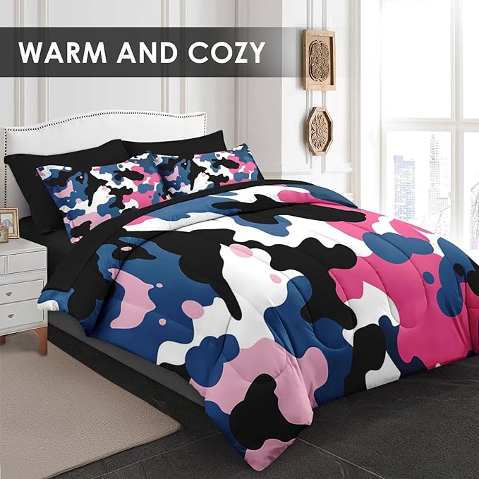 Comforter Set Queen Size, Camo Army 7 Pcs Bedding for Kids and Adults, Pink Blue Black Camouflage Bed Sheet Sets with Fitted Sheet 2 Pillowcases & 2 Shams for Bedroom Bed Decor