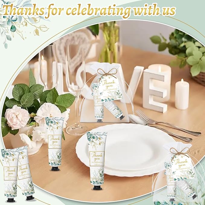 50 Sets Greenery Baby Shower Hand Cream Bulk Gifts, Wedding Bridal, Baby Shower Valentine's Party Favors for Guests,Travel Size, Hand Lotion Set with Thank You Card and Organza Gift Bags(greenery)