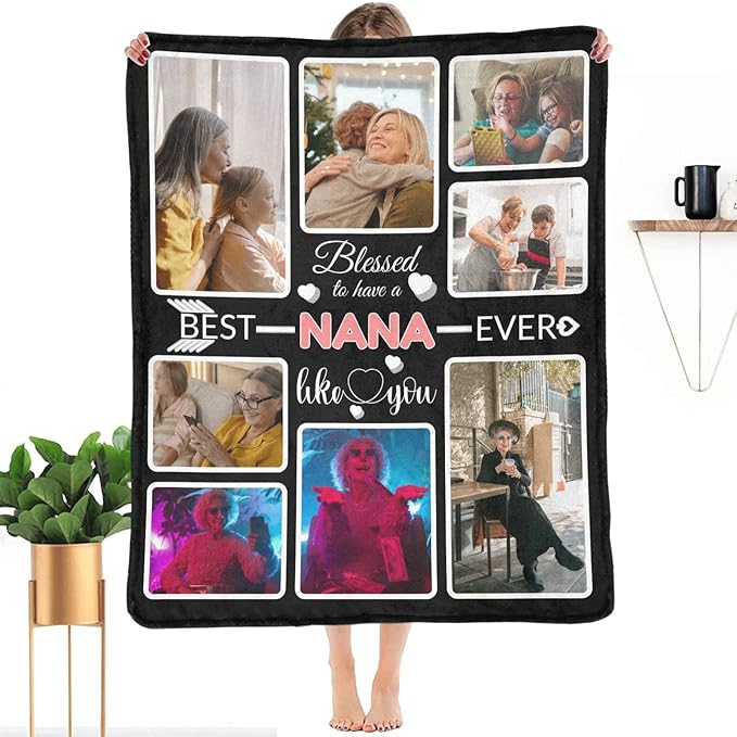 Custom Blanket Gifts for Nana, Customized Blankets with Photos, Make a Personalized Bed Throws to My Nana, Custom Souvenir Throw Blanket for Best Nana Ever, 8 Collages Made in USA