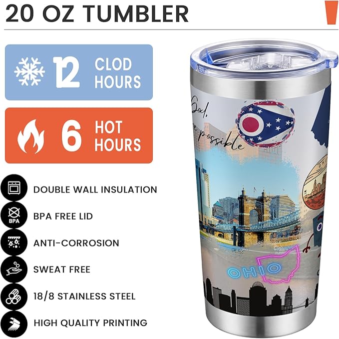 20oz Insulated Tumbler Ohio State Coffee Mug, United States Map Travel Mug Landmark, Birthday Gifts Cute Custom Tumbler Cups with Lid and Straw Gifts for Mom