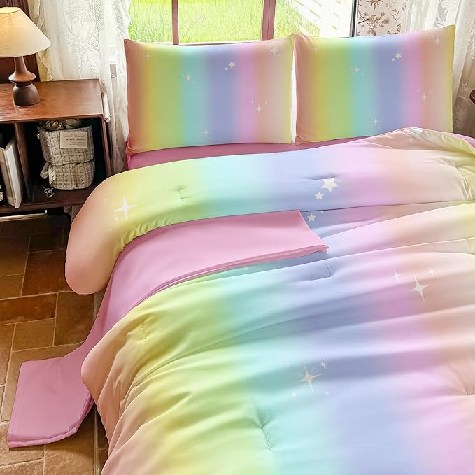 Rainbow Bedding Set Full Size – 5 Piece Reversible Girls Comforter with Deep-Pocket Sheet, Gradient Galaxy Design, Whole-Piece Filling, Machine Washable Bed-in-a-Bag for Kids Room Makeover & Gifts