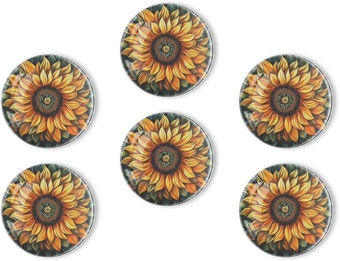 Fridge Magnets 6 Pcs Gorgeous Sunflower Painting Round Strong Magnetic Glass Small Refrigerator Magnet,Home Decoration for Office Whiteboards,Classrooms,Cabinet and Dishwasher