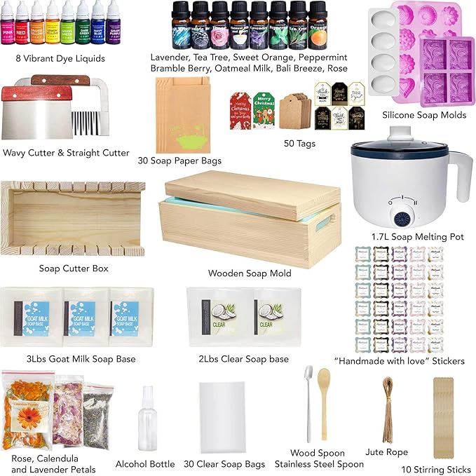 Soap Making Kit for Adults and Kids - Soap Making Supplies with Soap Melter, 5 lb Melt & Pour Soap Base, Soap Loaf Molds, Cutting Box, Silicone Molds, Essential Oil & Fragrances Beginner DIY Kits