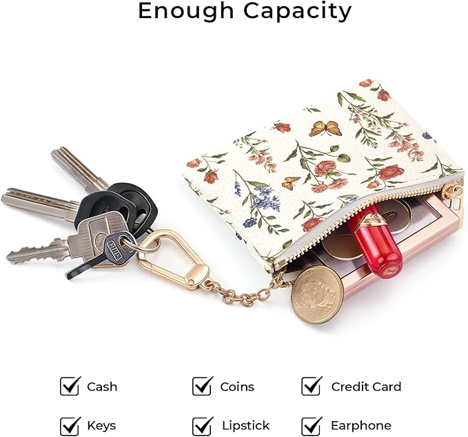 Colorful Flower with Butterfly Keychain Coin Purse for Women, Small PU Leather Change Pouch, Zipper Little Tiny Travel Wallet for Girls, Cute Kawaii Zip Pocket Coin Holder with Key Ring